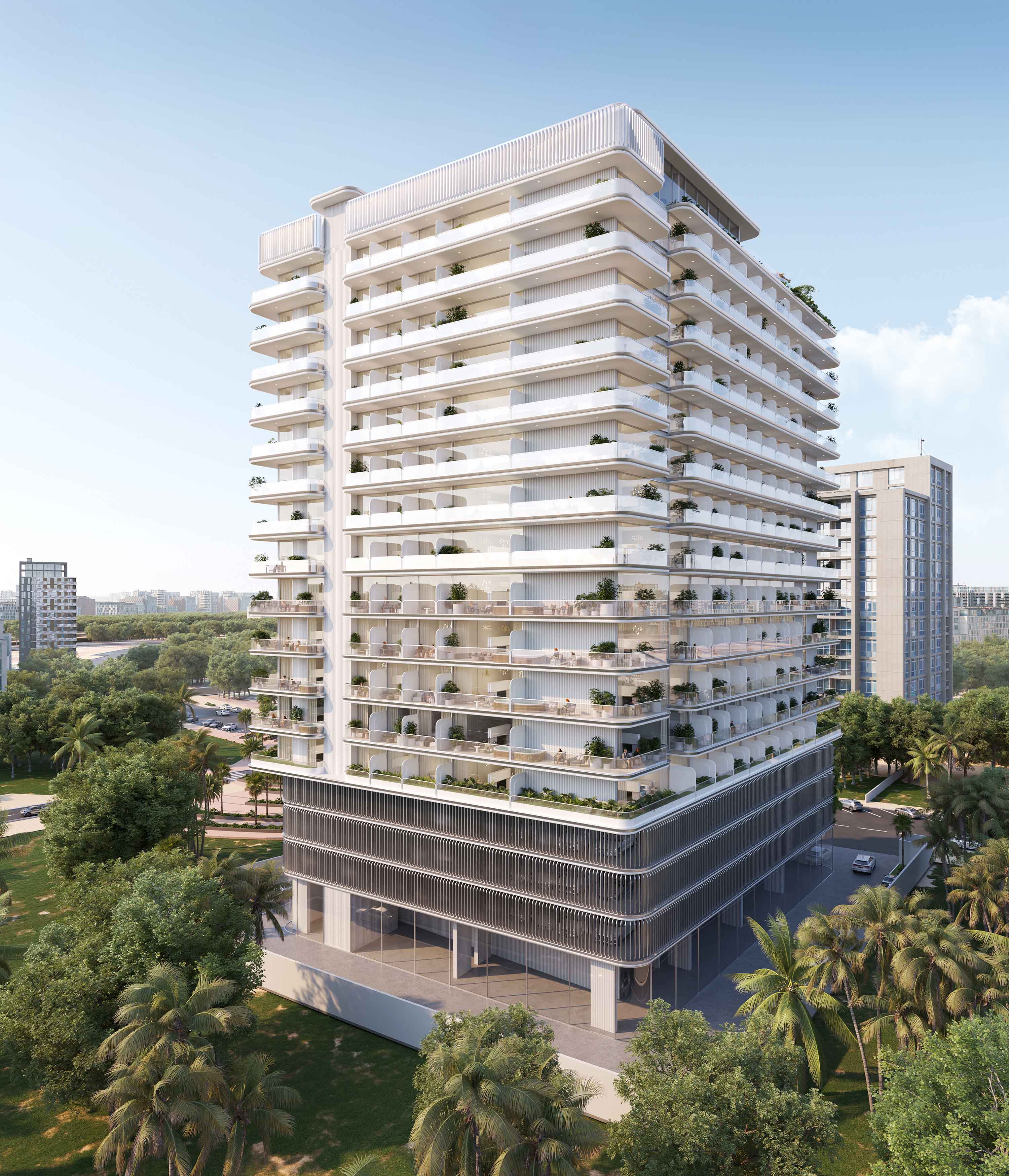 Cove Edition 4 By Imtiaz A modern multi-story building with balconies and greenery, set in a landscaped environment with nearby streets.
